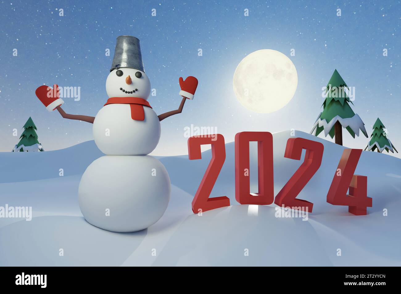 Snowman poses with the number 2024 on new year's eve against the of a