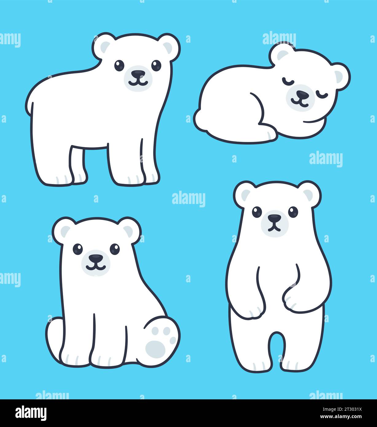 Cute cartoon polar bear cubs drawing set. Simple vector clip art illustration. Stock Vector