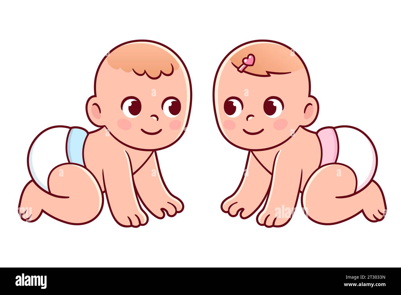 Cute cartoon drawing of crawling baby boy and girl. Baby gender color on diapers. Vector clip art illustration. Stock Vector