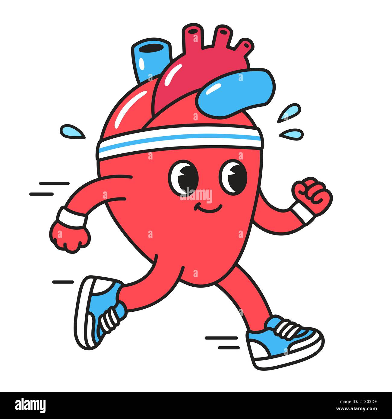 Cute cartoon heart character in sweatband and running shoes jogging and sweating. Healthy heart exercising, retro comic style vector illustration Stock Vector