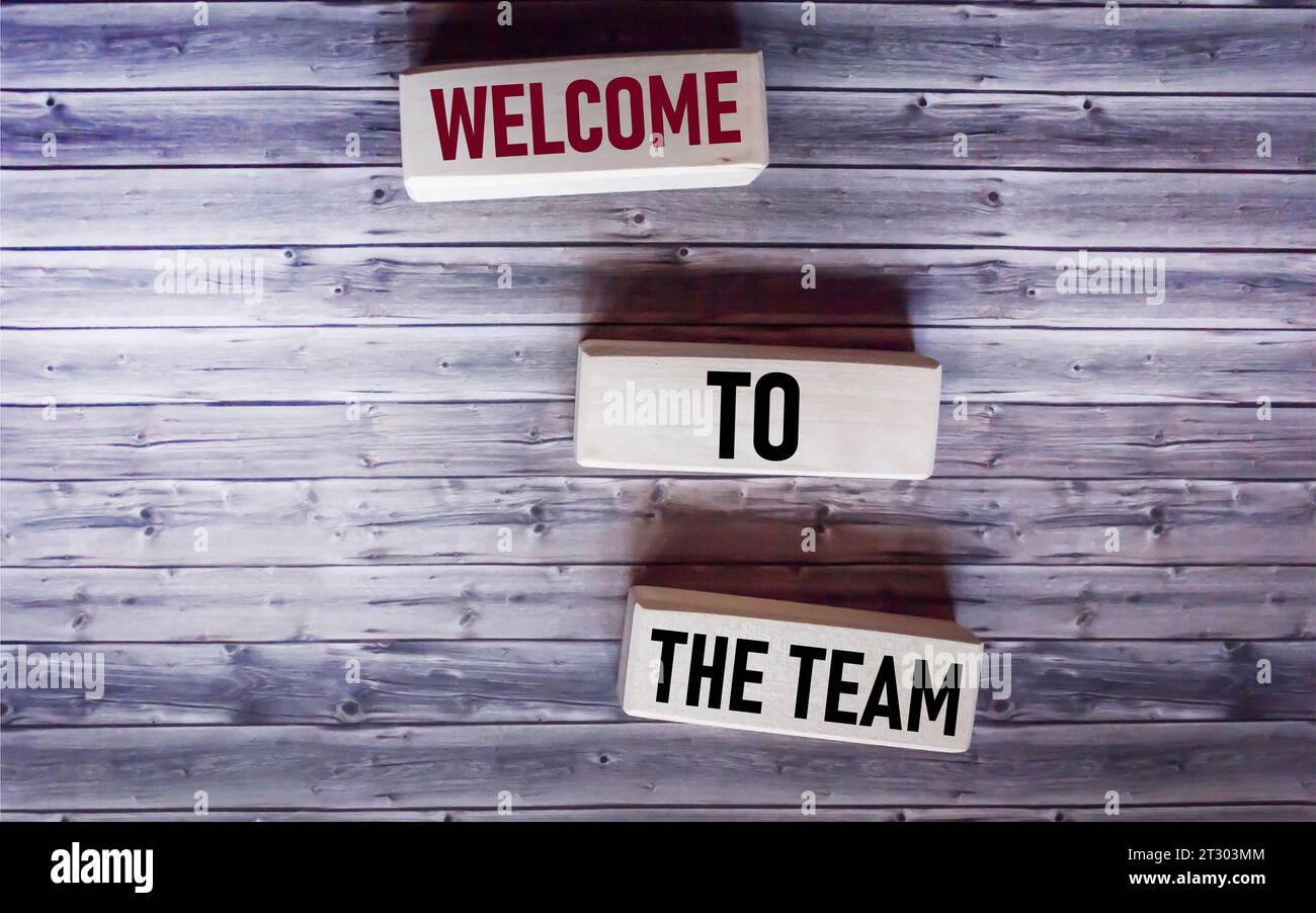 WELCOME TO THE TEAM text concept on wooden blocks on wooden background Stock Photo
