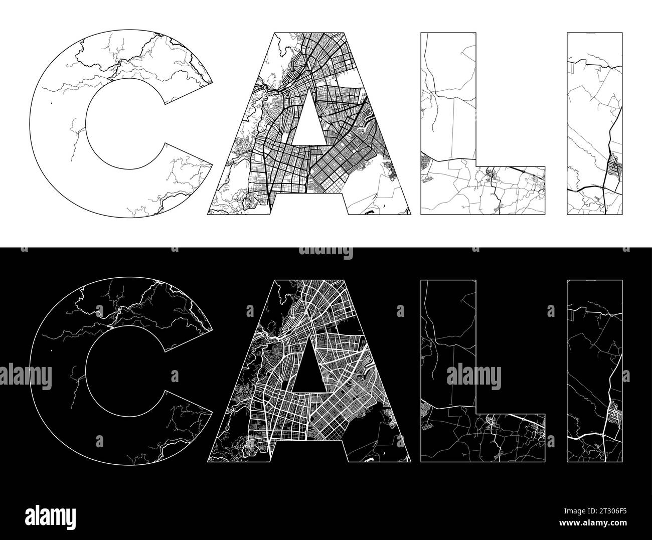 Cali City Name (Colombia, South America) with black white city map illustration vector Stock Vector