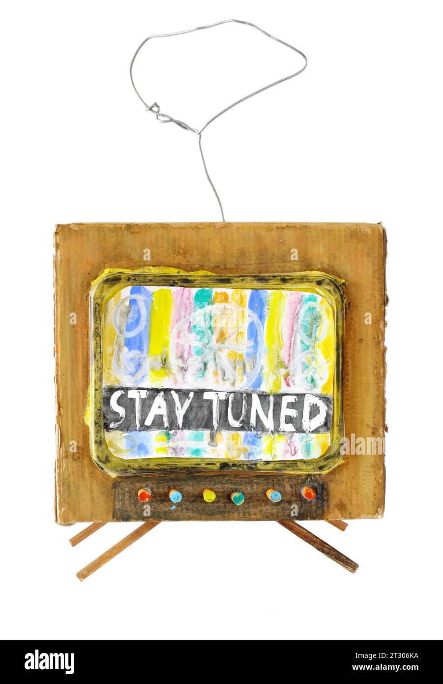 Super Grungy TV set model with test pattern and caption 'stay tuned', offline, server glitch, disturbance, website down error sign, isolated  on white Stock Photo
