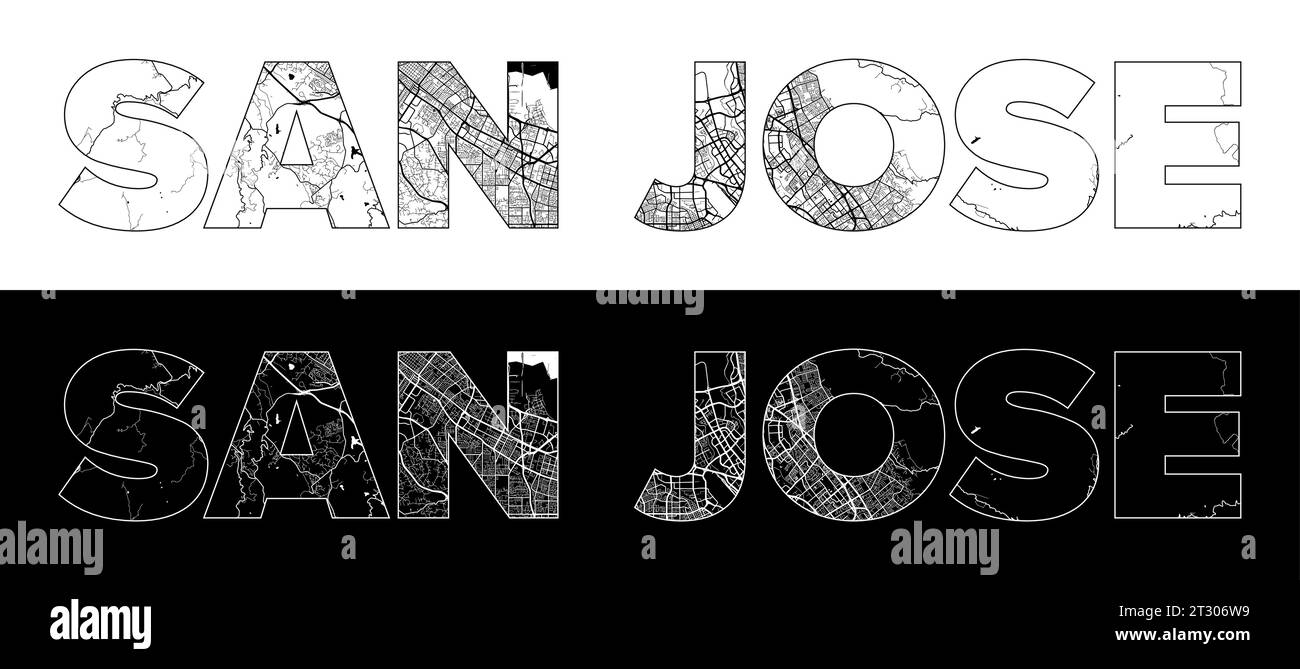 San Jose City Name (United States, North America) with black white city map illustration vector Stock Vector