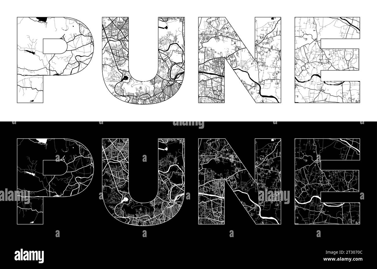 Pune City Name (India, Asia) with black white city map illustration vector Stock Vector