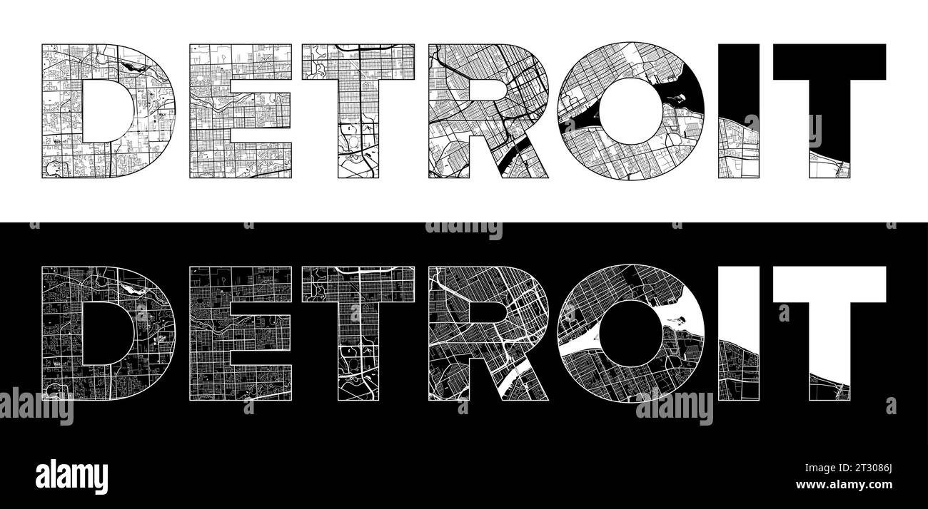 Detroit City Name United States - Detroit City Name United States North America With Black White City Map Illustration Vector 2T3086J