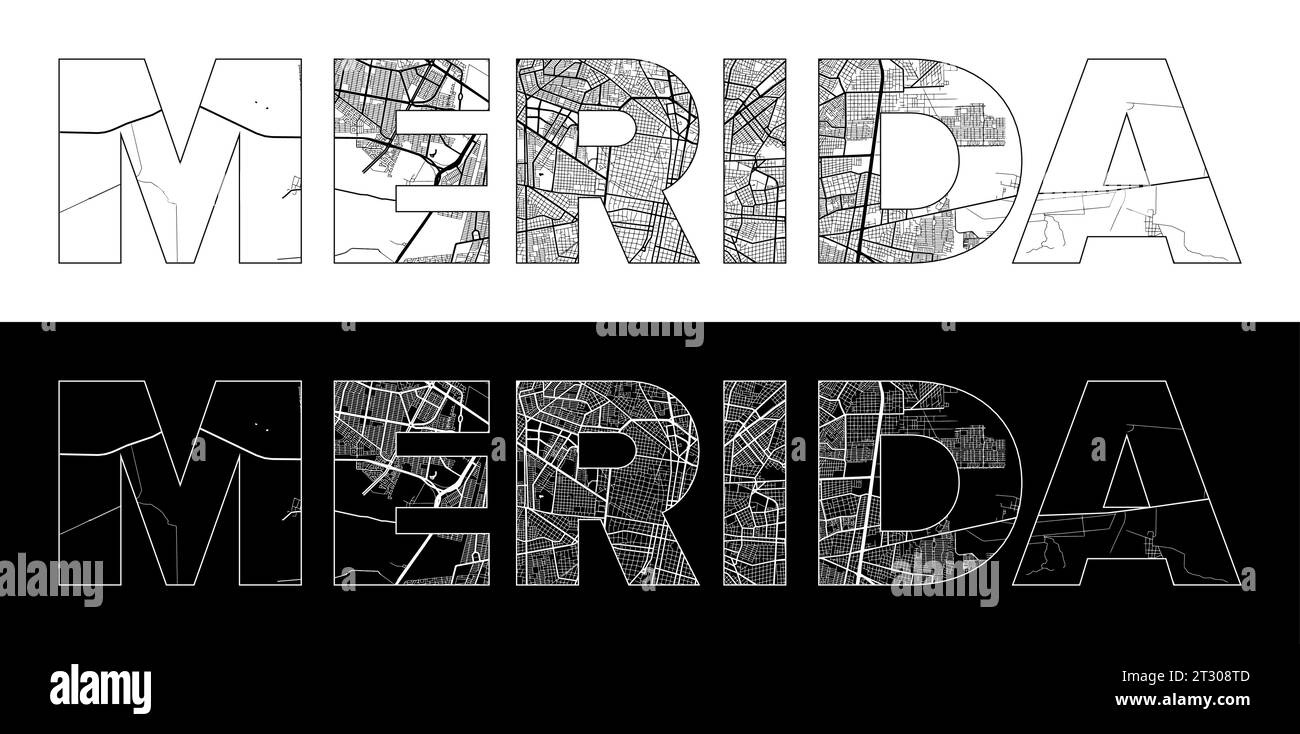 Merida City Name (Mexico, North America) with black white city map
