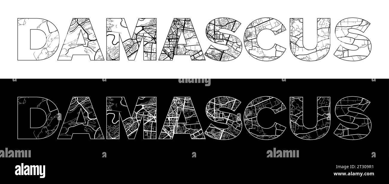 Damascus City Name (Syria, Asia) with black white city map illustration