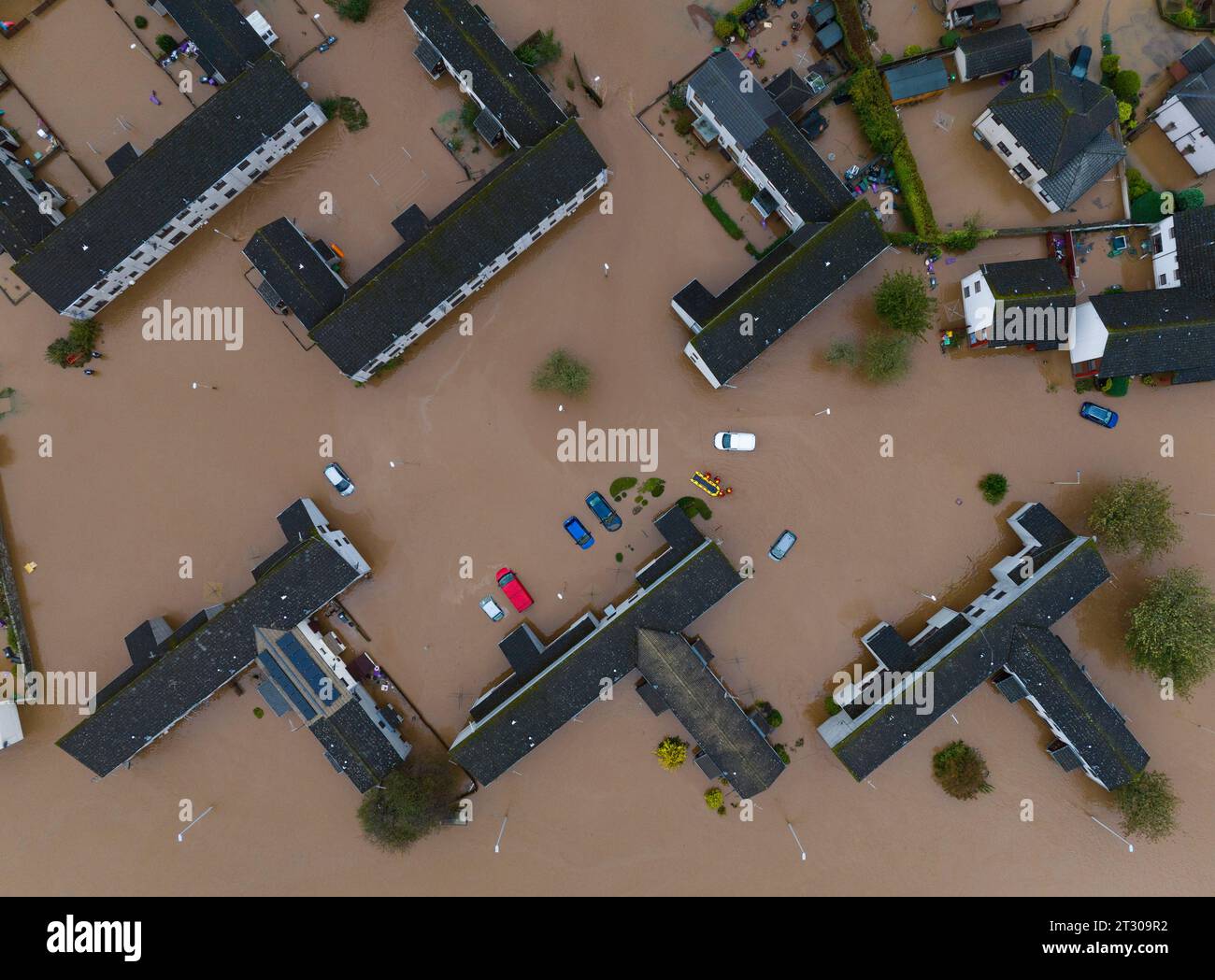 Aerial view of flooded housing and streets in Brechin after the River South Esk broke flood defences during Storm Babet , Angus, Scotland, UK Stock Photo