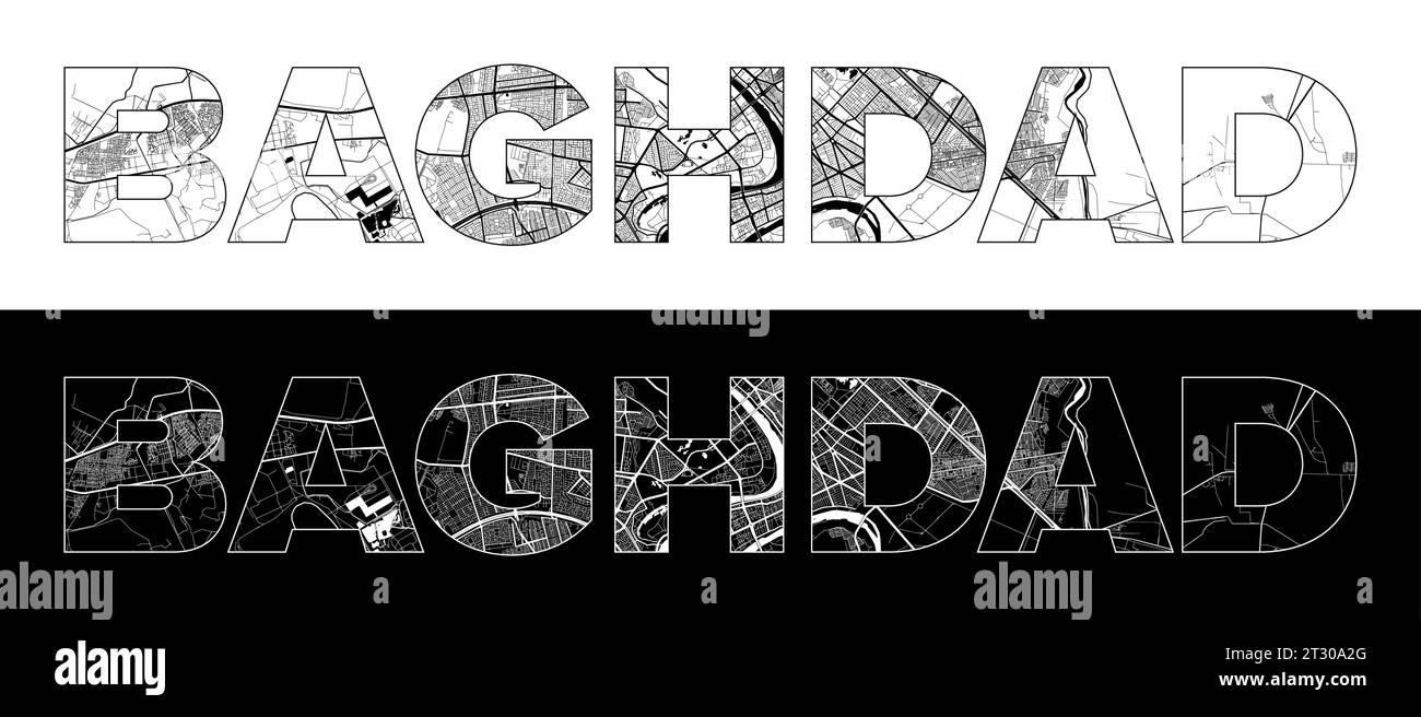 Baghdad City Name (Iraq, Asia) with black white city map illustration