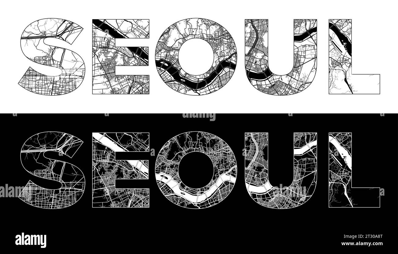 Seoul City Name (South Korea, Asia) with black white city map