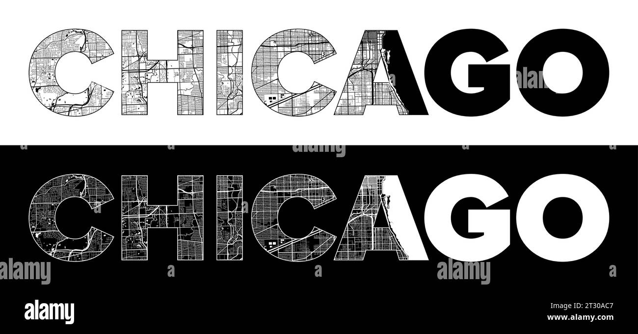 Chicago City Name United States - Chicago City Name United States North America With Black White City Map Illustration Vector 2T30AC7
