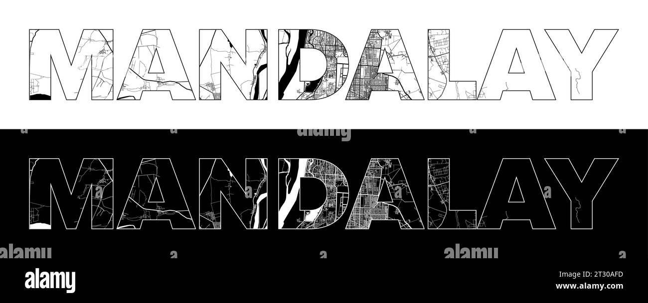 Mandalay City Name (Myanmar, Asia) with black white city map