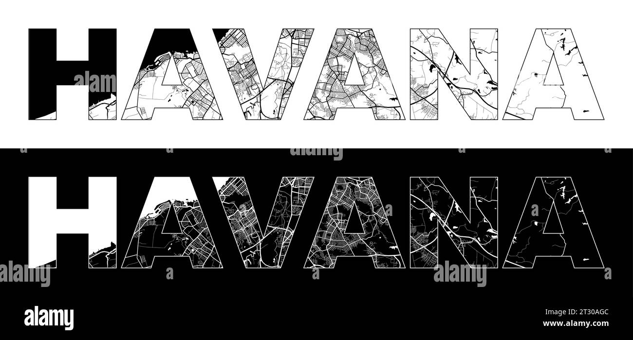Havana City Name (Cuba, North America) with black white city map