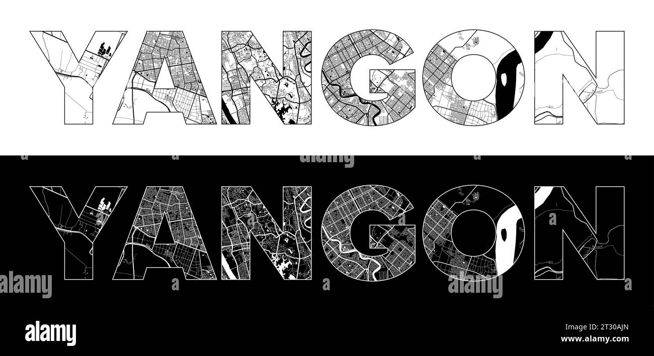 Yangon City Name (Myanmar, Asia) with black white city map illustration vector Stock Vector