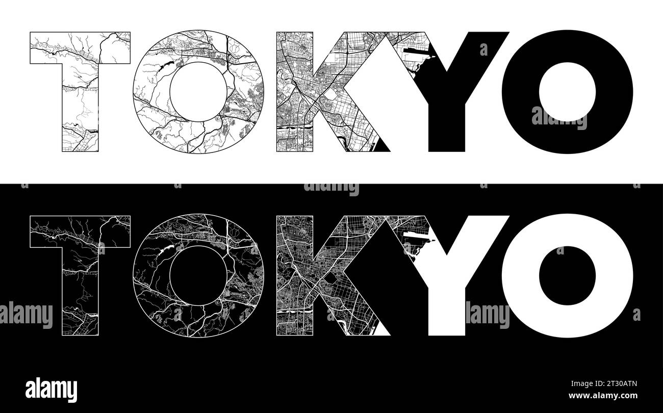 Tokyo City Name (Japan, Asia) with black white city map illustration vector Stock Vector
