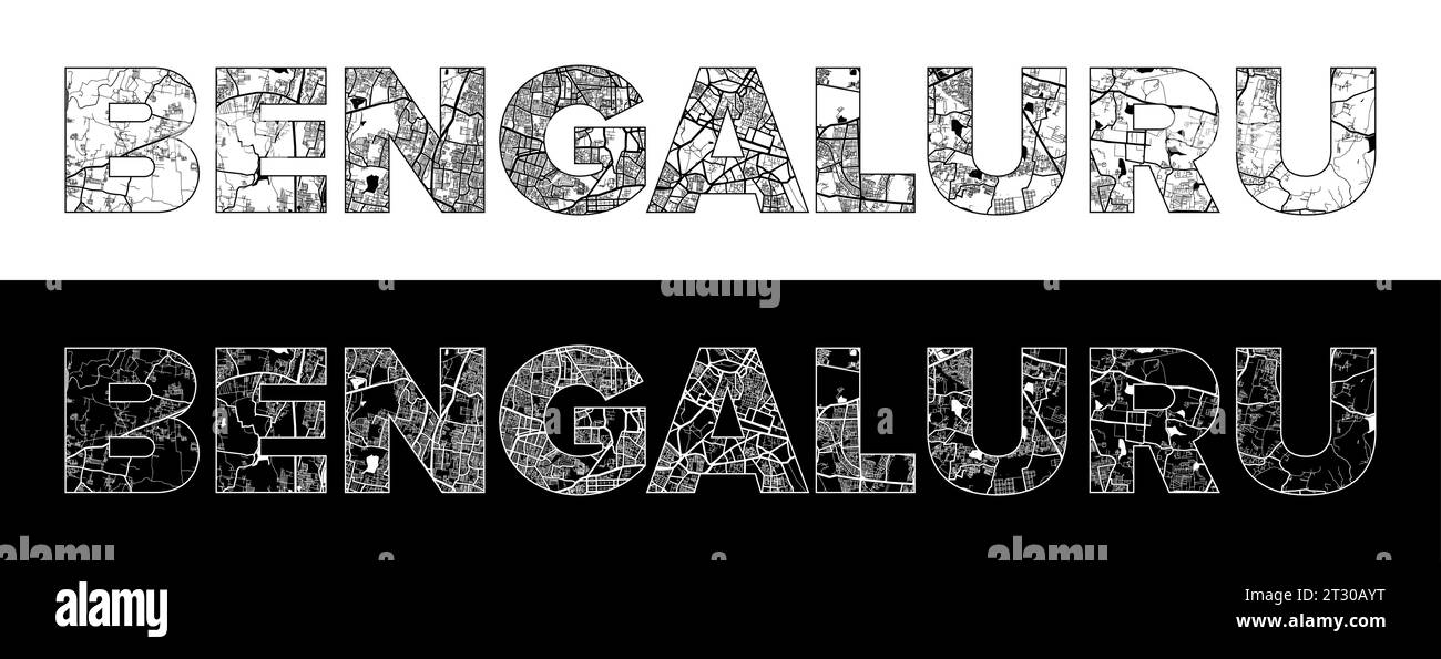 Bengaluru City Name (India, Asia) with black white city map illustration vector Stock Vector