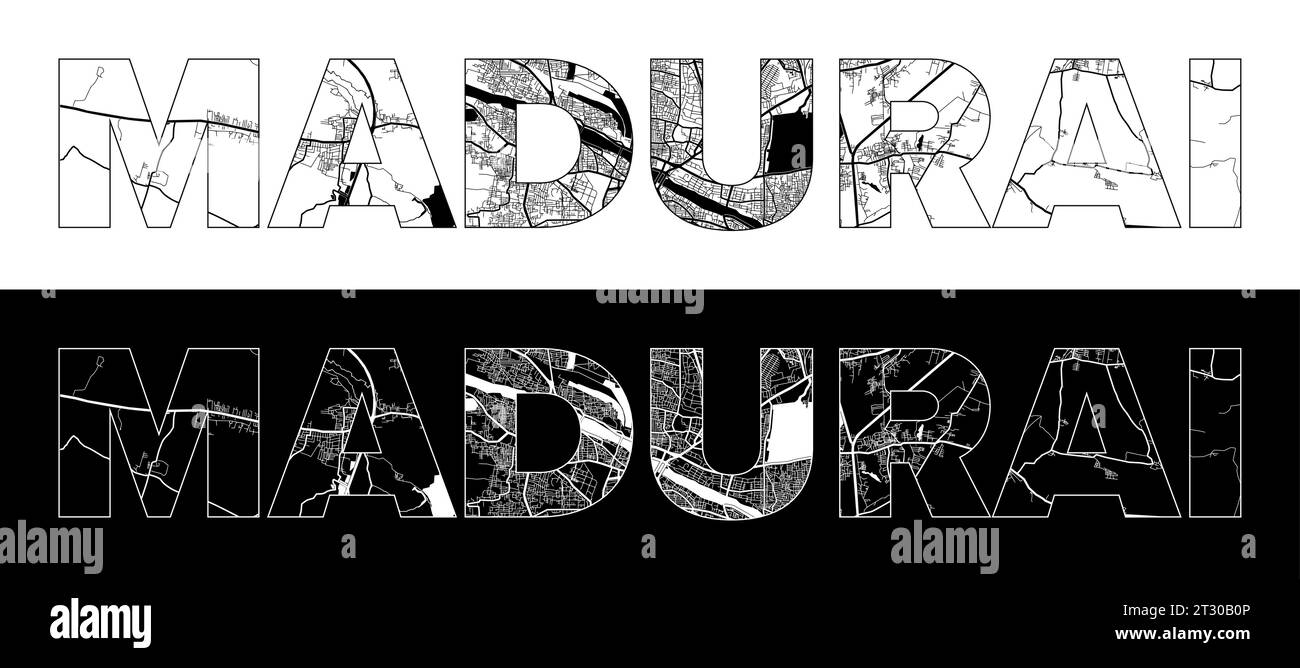 Madurai City Name (India, Asia) with black white city map illustration