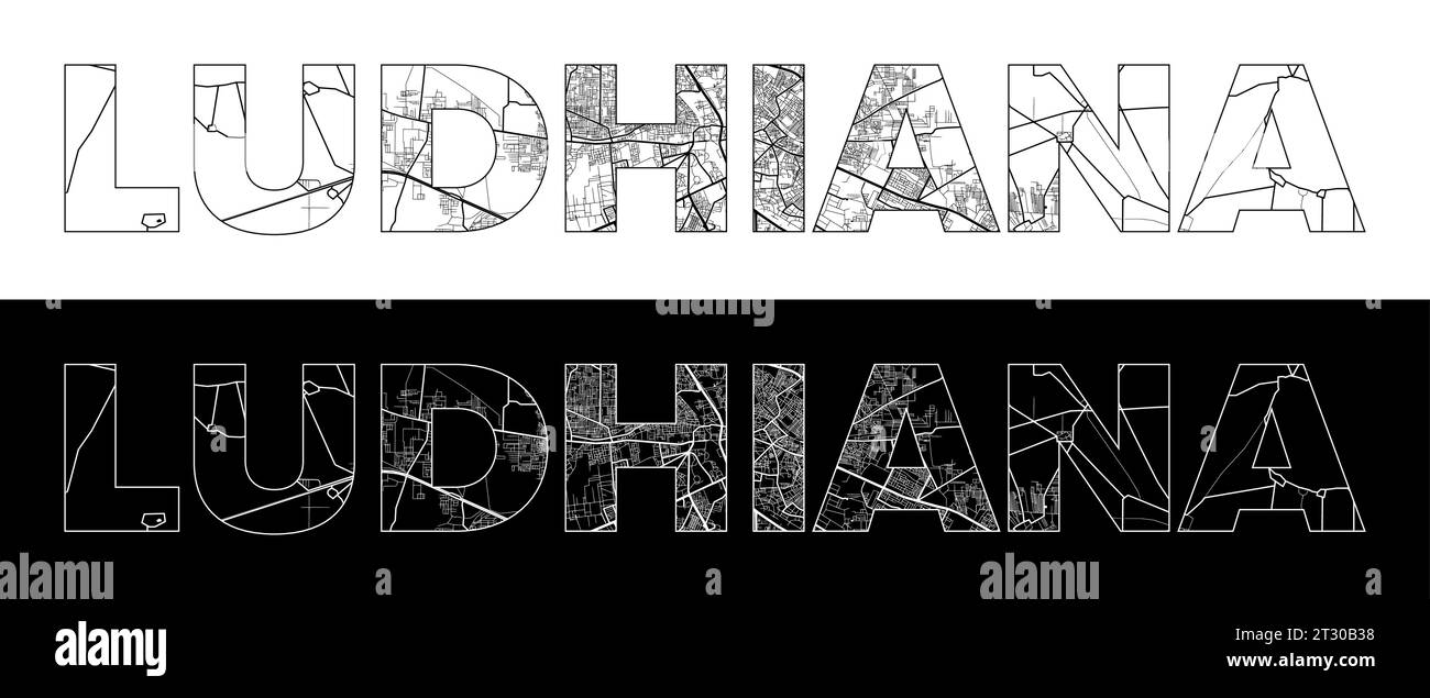 Ludhiana City Name (India, Asia) with black white city map illustration vector Stock Vector
