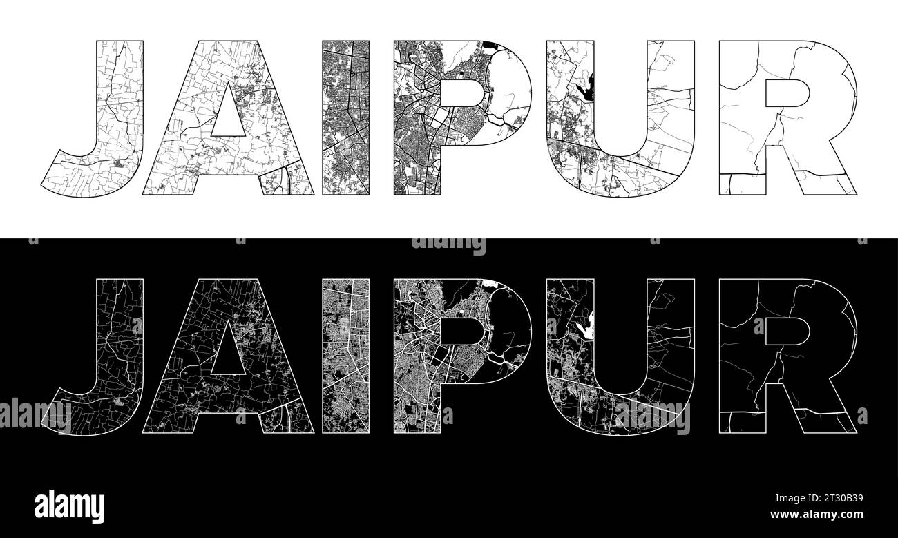 Jaipur City Name (India, Asia) with black white city map illustration vector Stock Vector