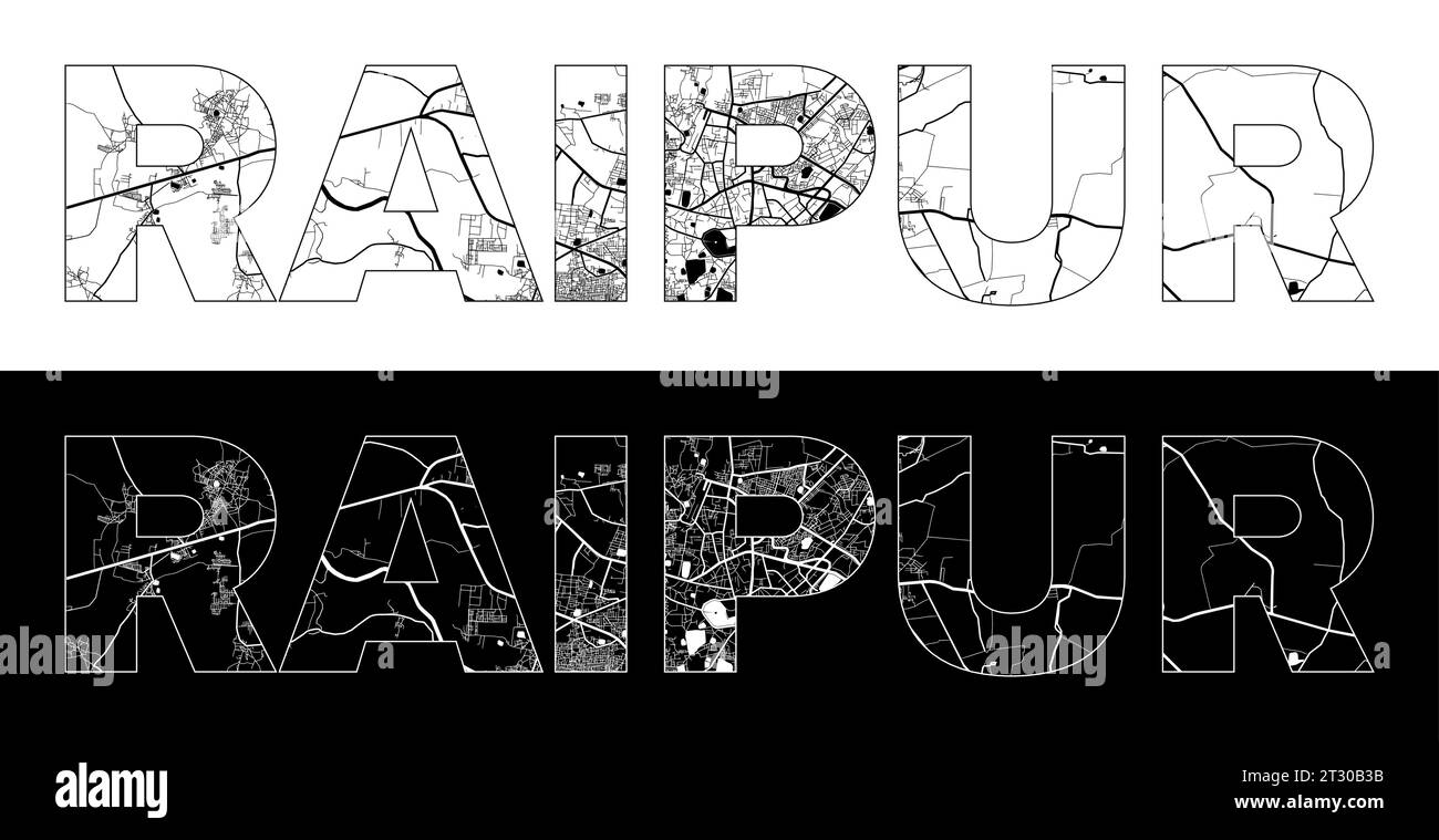 Raipur City Name (India, Asia) with black white city map illustration