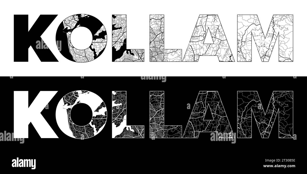 Kollam City Name (India, Asia) with black white city map illustration vector Stock Vector