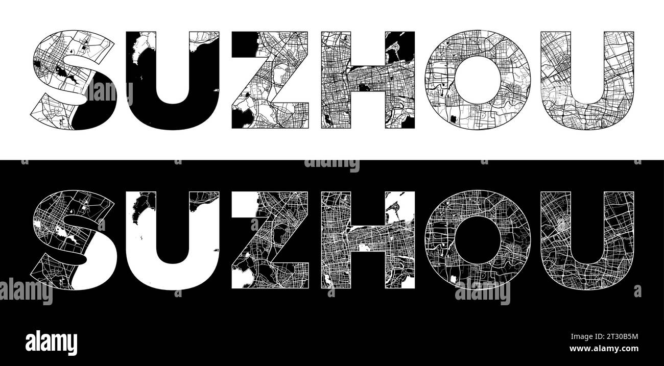 Suzhou City Name (China, Asia) with black white city map illustration vector Stock Vector