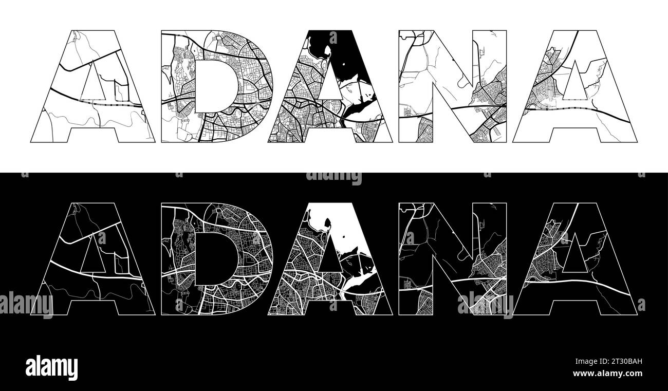 Adana City Name (Turkey, Asia) with black white city map illustration ...