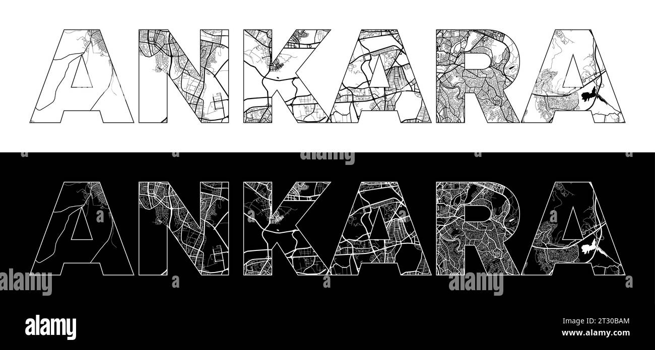 Ankara City Name (Turkey, Asia) with black white city map illustration vector Stock Vector