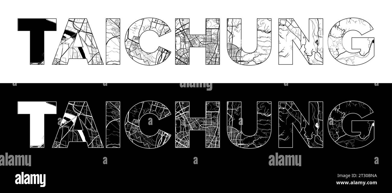 Taichung City Name (China, Asia) with black white city map illustration vector Stock Vector