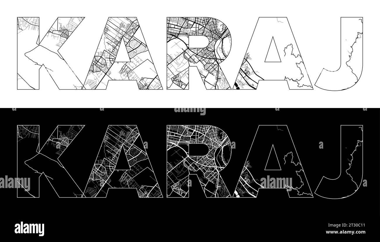 Karaj City Name (Iran, Asia) with black white city map illustration vector Stock Vector