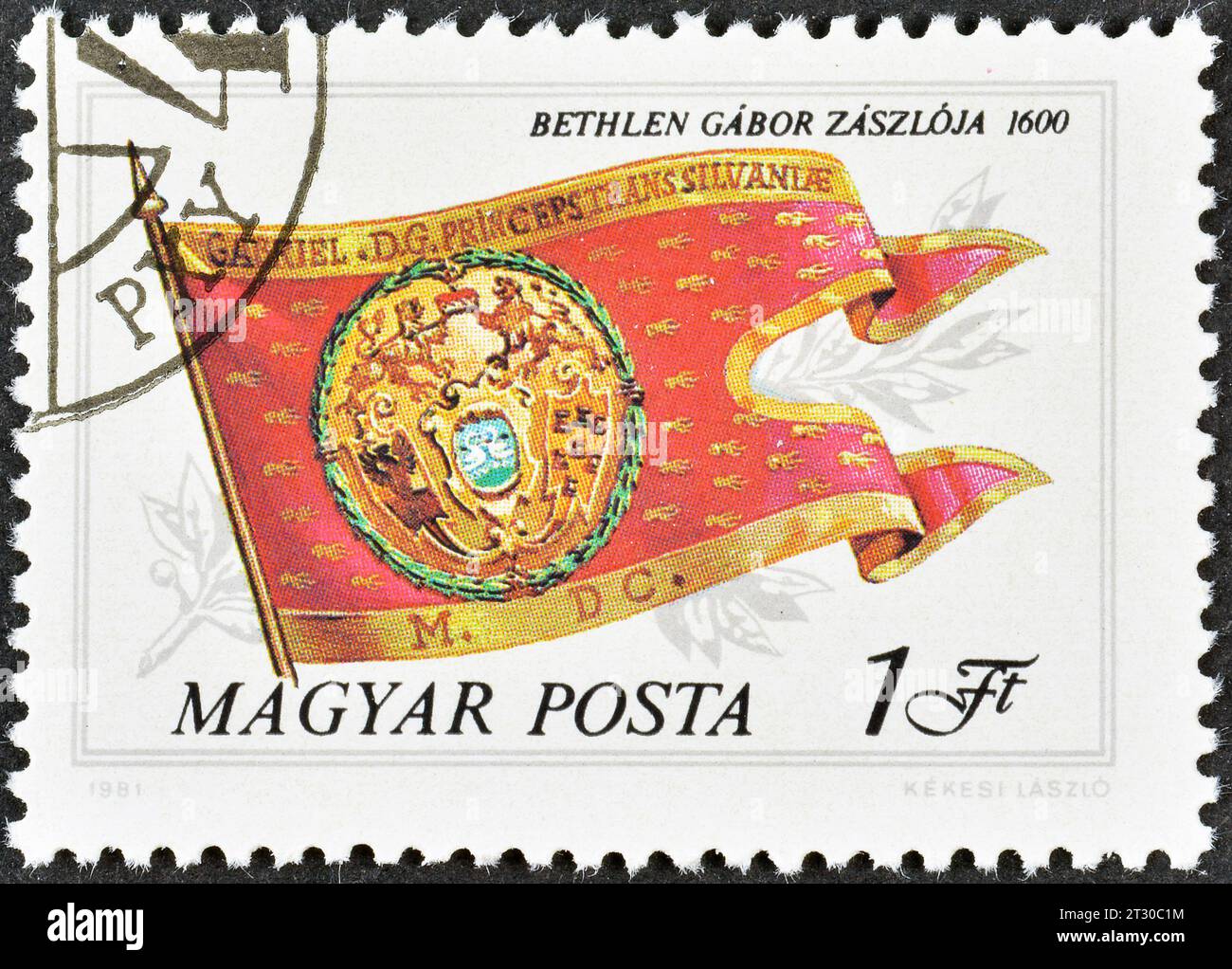 Cancelled postage stamp printed by Hungary, that shows Flag of Gábor Bethlen, 1600, circa 1981. Stock Photo