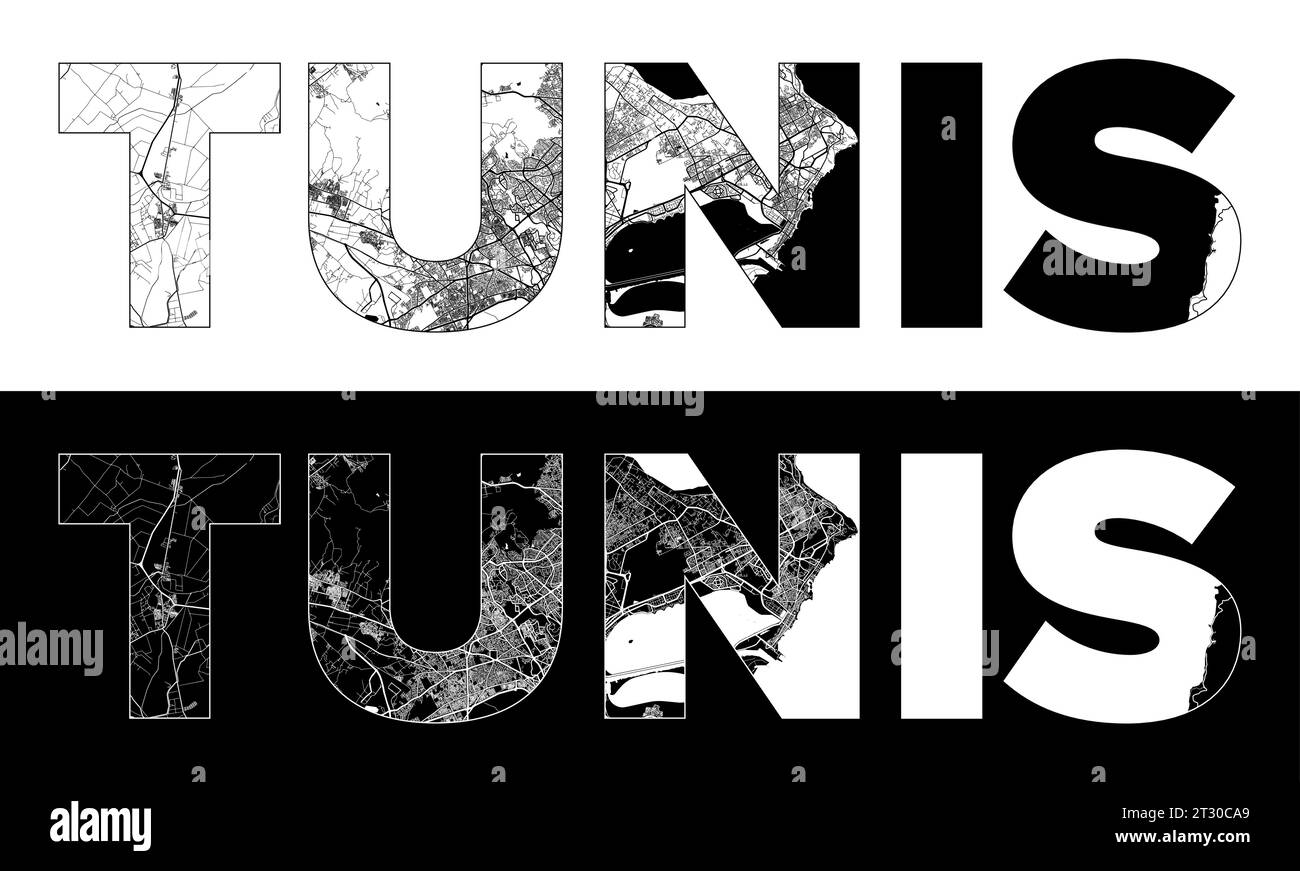 Tunis City Name (Tunisia, Africa) with black white city map