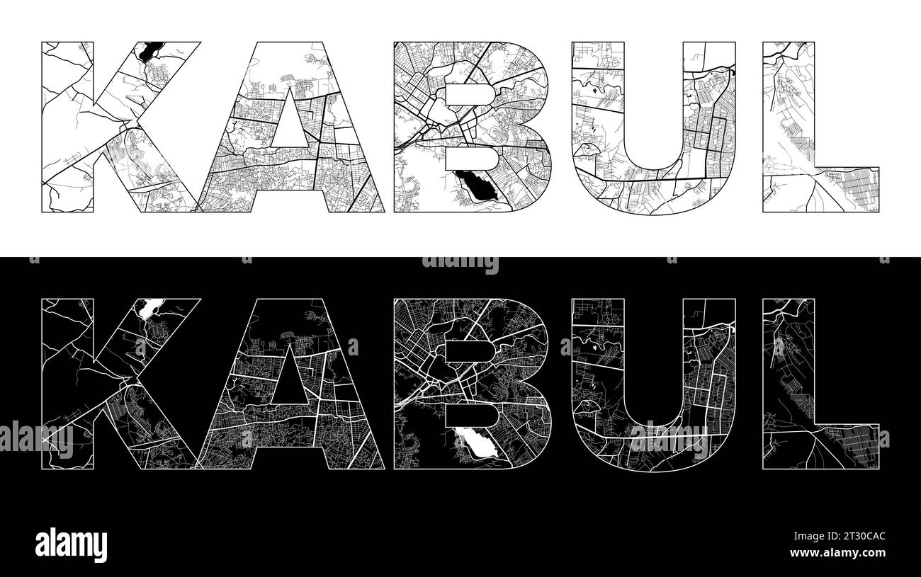 Kabul City Name (Afghanistan, Asia) with black white city map illustration vector Stock Vector