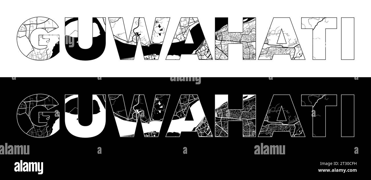 Guwahati City Name (India, Asia) with black white city map illustration