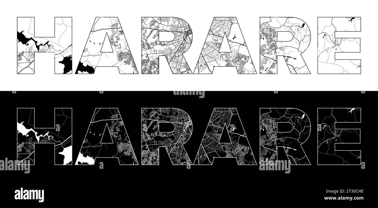 Harare City Name (Zimbabwe, Africa) with black white city map illustration vector Stock Vector