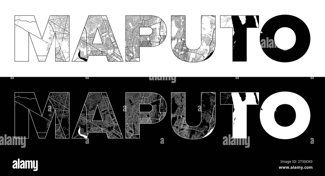 Maputo City Name (Mozambique, Africa) with black white city map ...