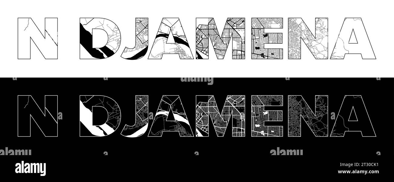 N Djamena City Name (Chad, Africa) with black white city map illustration vector Stock Vector