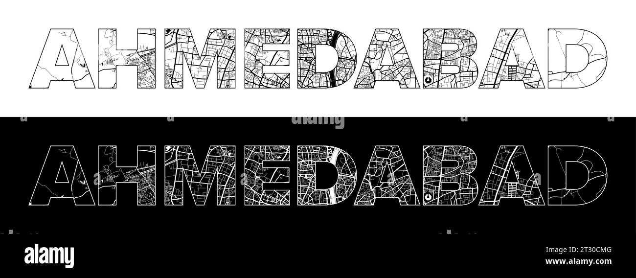 Ahmedabad City Name (India, Asia) with black white city map illustration vector Stock Vector