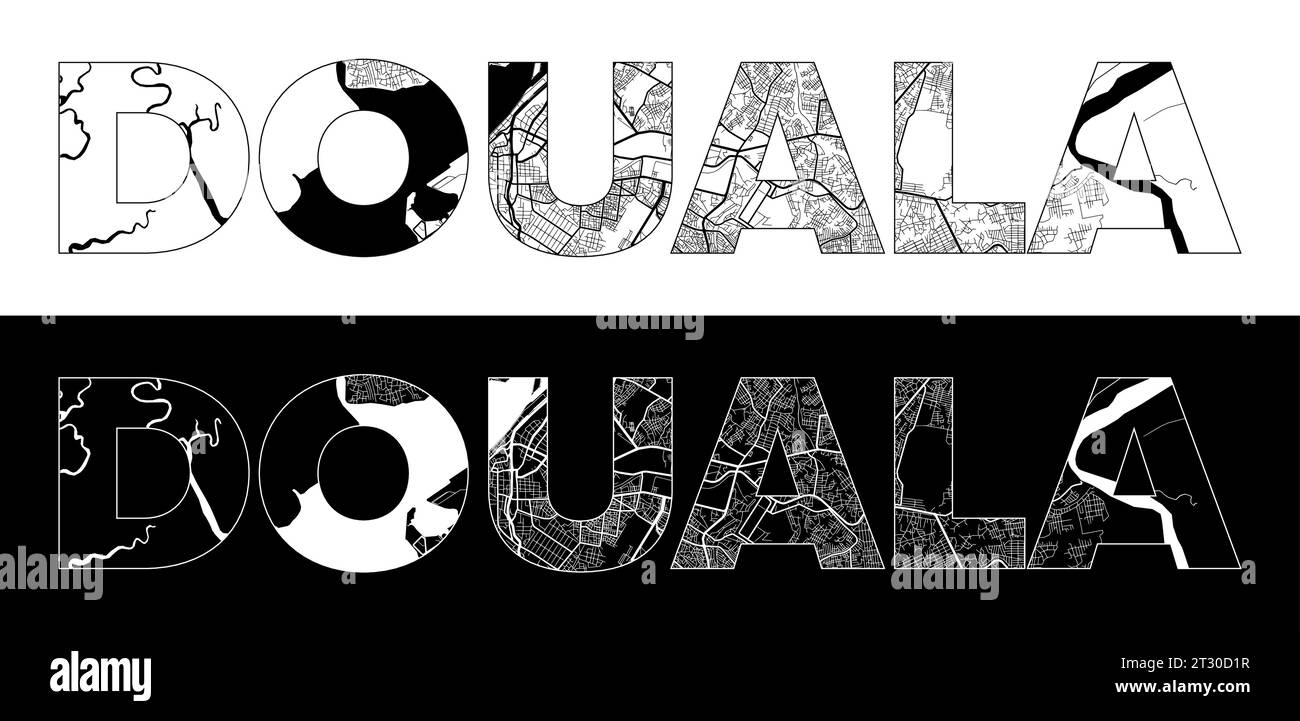 Douala City Name (Cameroon, Africa) with black white city map illustration vector Stock Vector