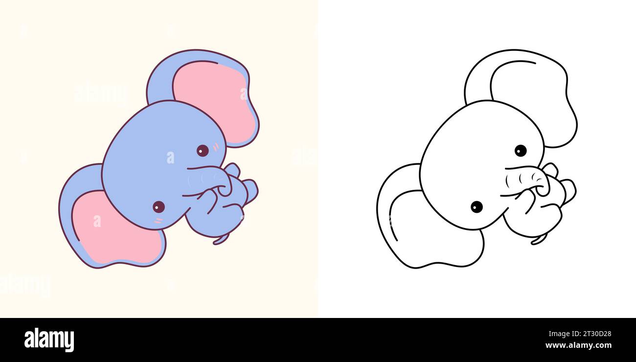 Kawaii Elephant for Coloring Page and Illustration. Adorable Clip Art ...