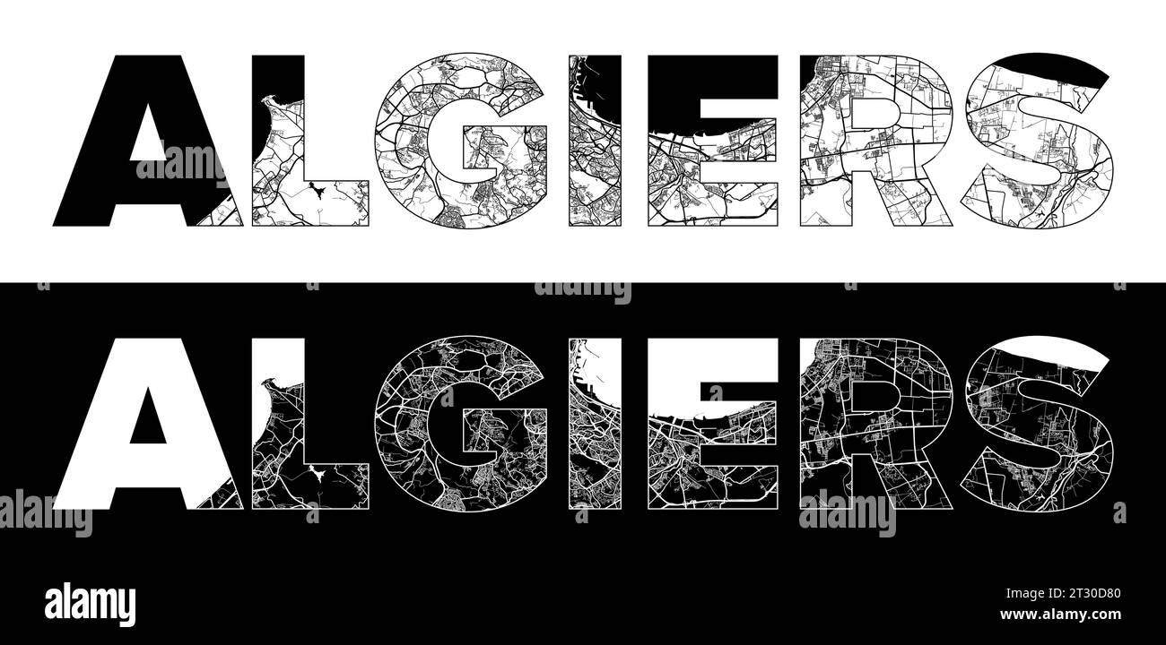 Algiers City Name (Algeria, Africa) with black white city map illustration vector Stock Vector
