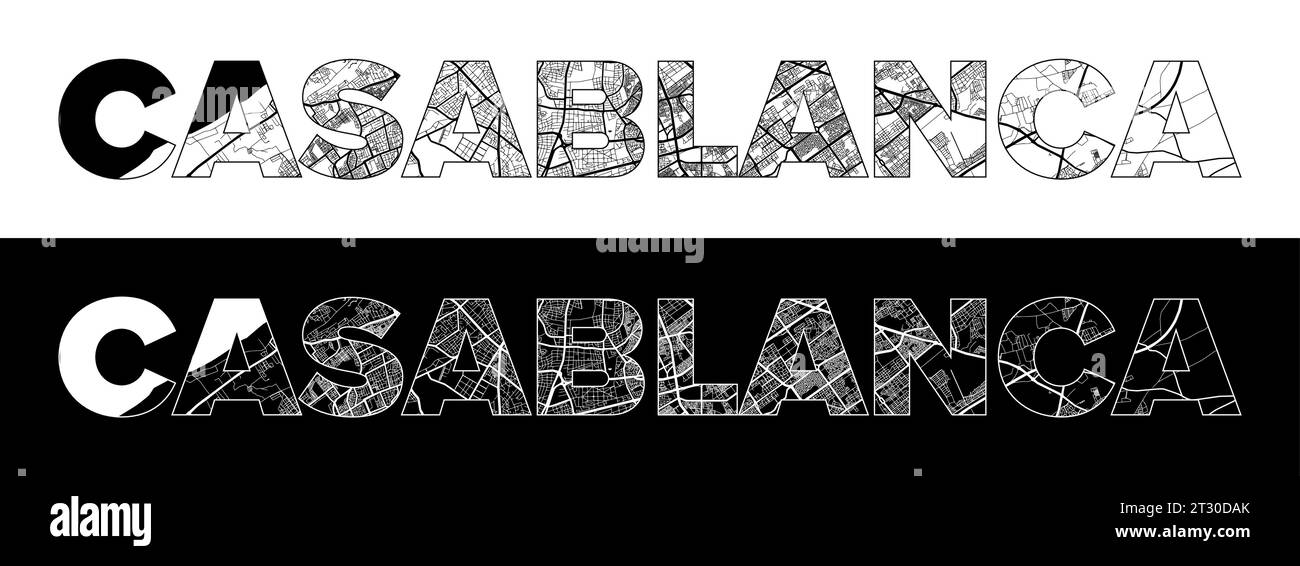 Casablanca City Name (Morocco, Africa) with black white city map illustration vector Stock Vector