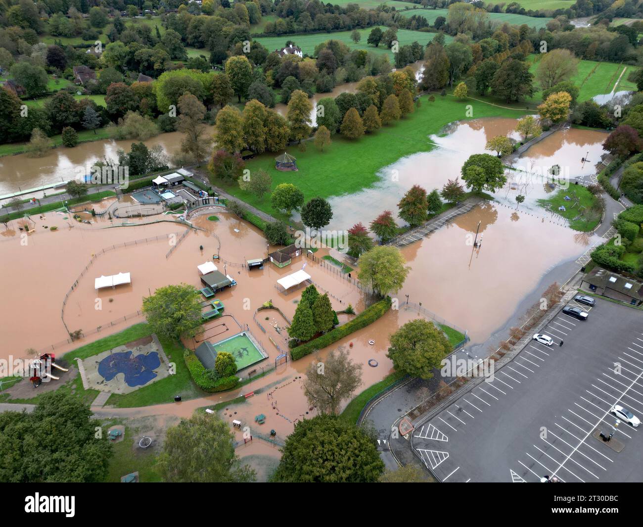 Stourport On Severn, Worcestershire, 22nd October 2023. The River Severn in Stourport continues to rise after Storm Babet, with the levels expected to peak on Monday evening. A car park and crazy golf course lies underwater. G.P. Essex /Alamy Live News Stock Photo