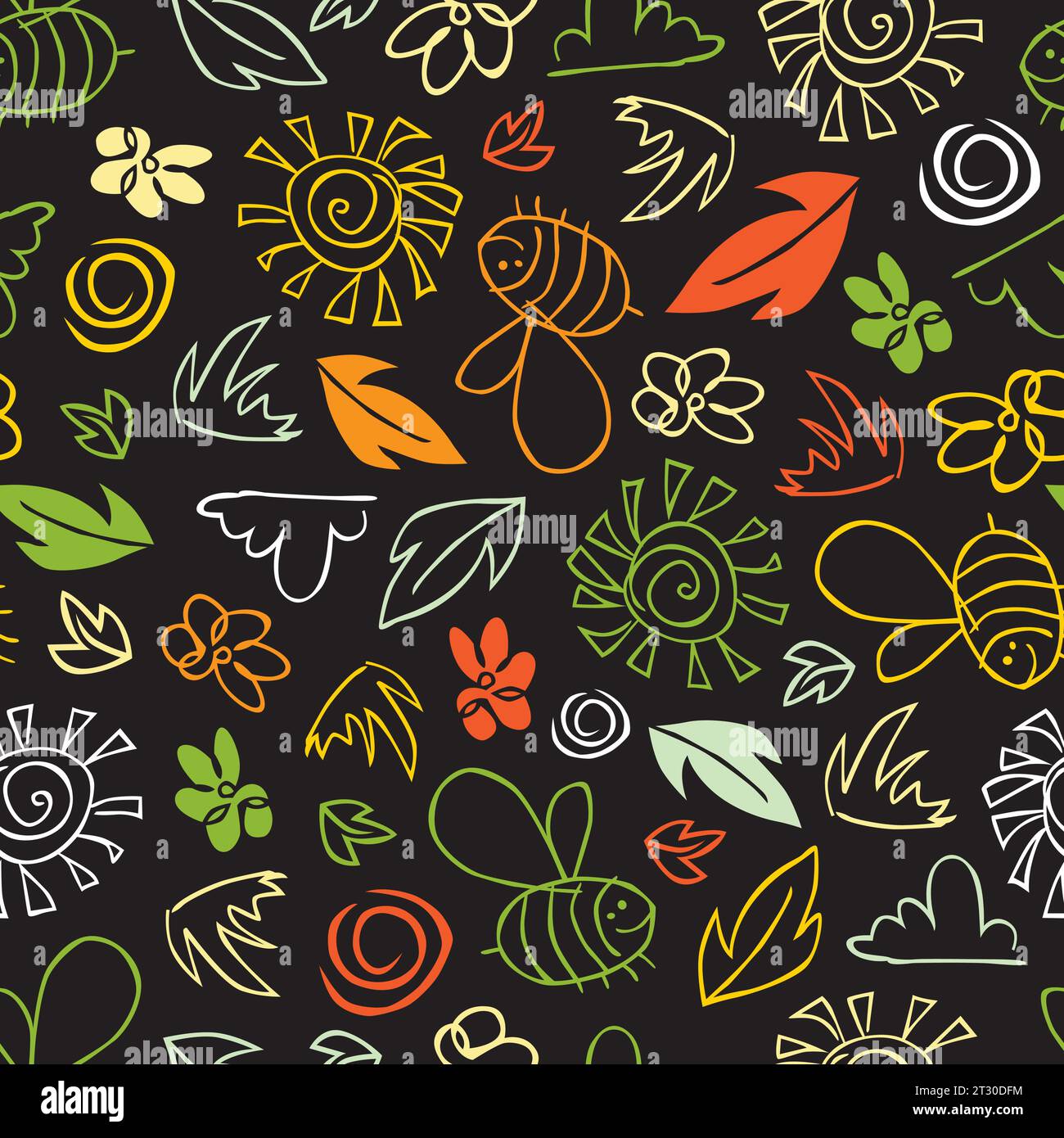 Vector black seamless background pattern with cartoon doodle bee, leaf , grass and sun. Suitable for wallpaper and textile. Stock Vector
