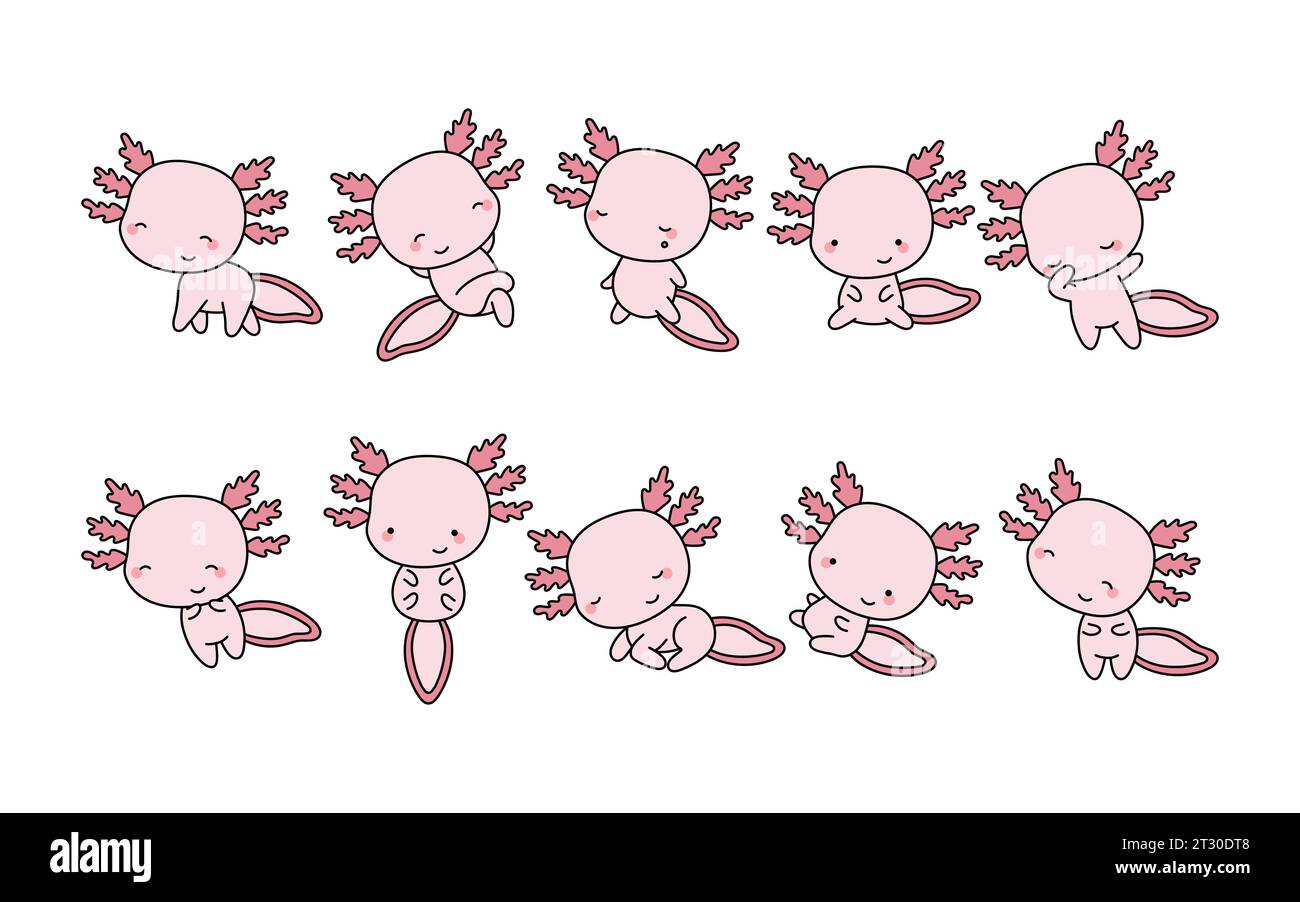 Set of Cartoon Isolated Axolotl. Set of Cute Kawaii Salamander in Funny Cartoon Style. Collection of Cute Vector Amphibian Illustrations for Stickers Stock Vector