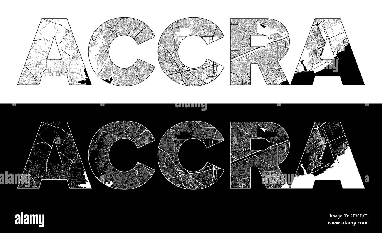 Accra City Name (Ghana, Africa) with black white city map illustration vector Stock Vector