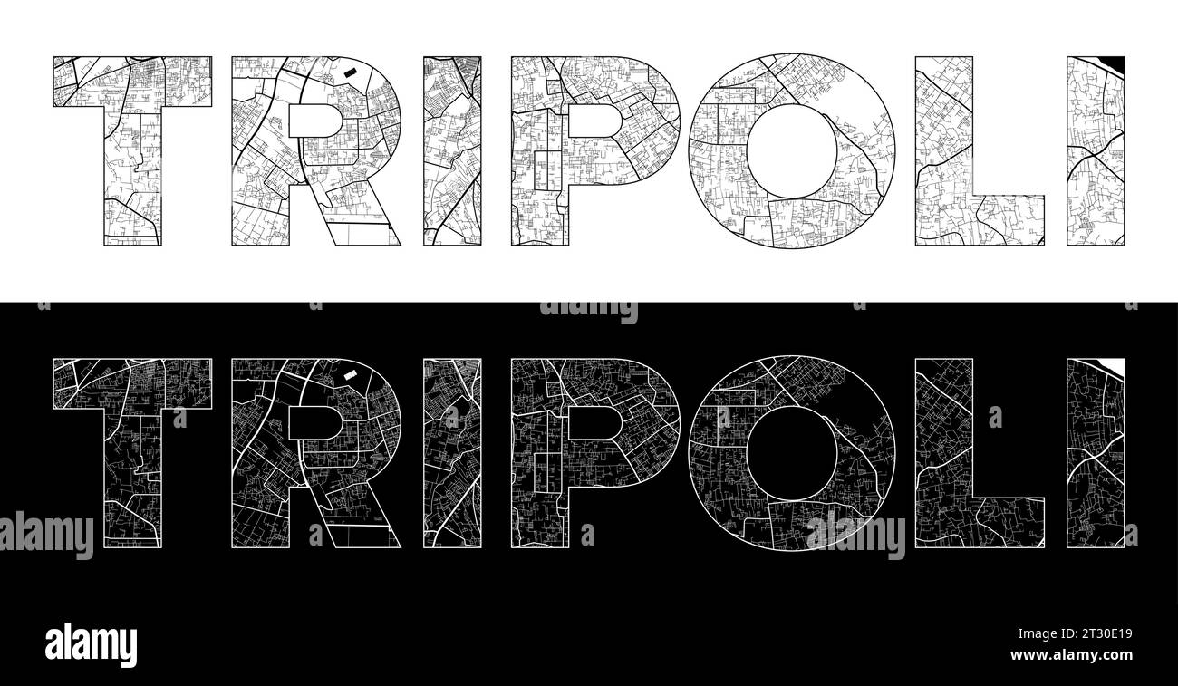 Tripoli City Name (Libya, Africa) with black white city map
