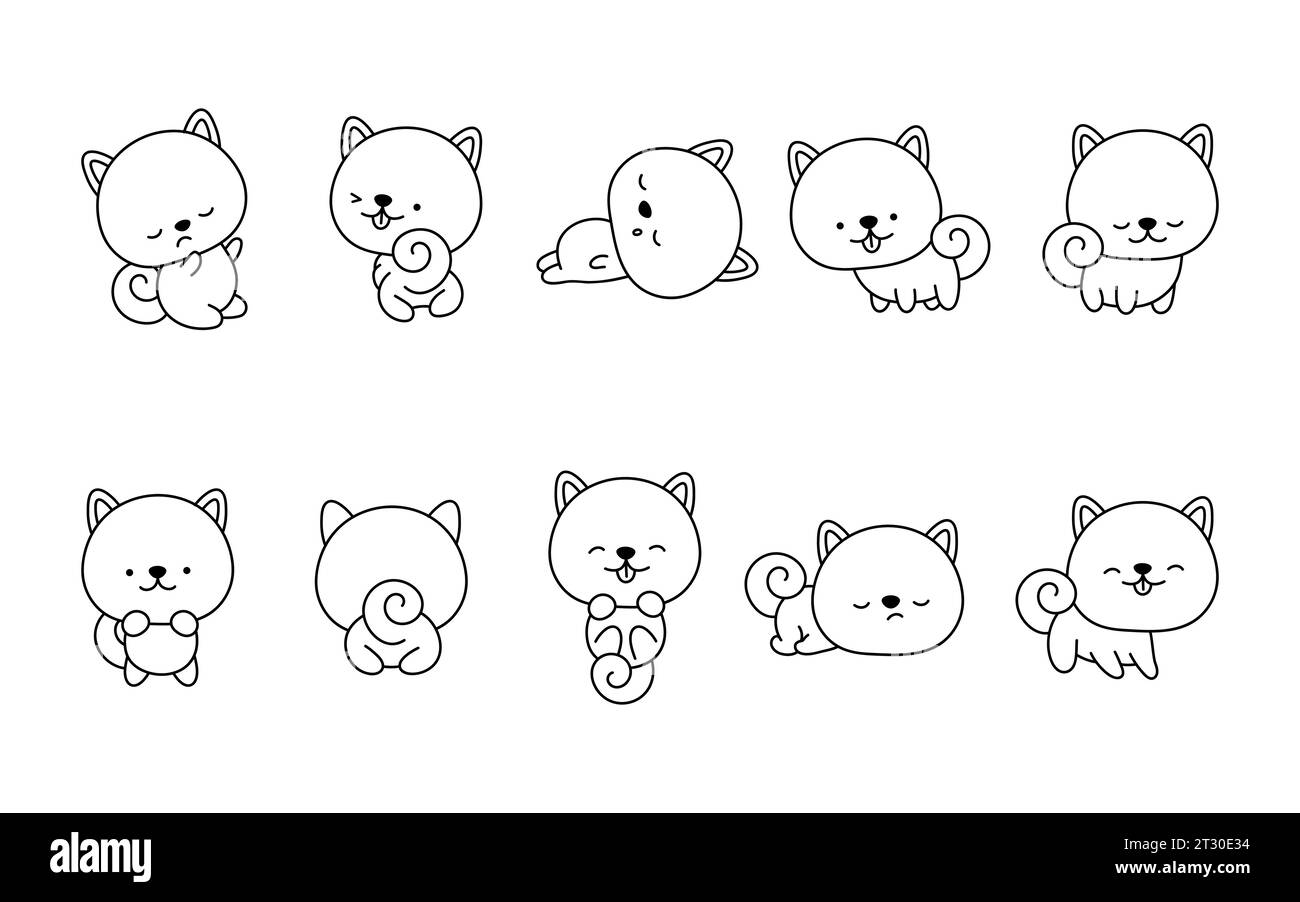 Set of Cartoon Isolated Shiba Inu Dog Coloring Page. Cute Vector Kawaii Shiba Inu Outline. Collection of Cute Vector Baby Dog Outline for Stickers Stock Vector