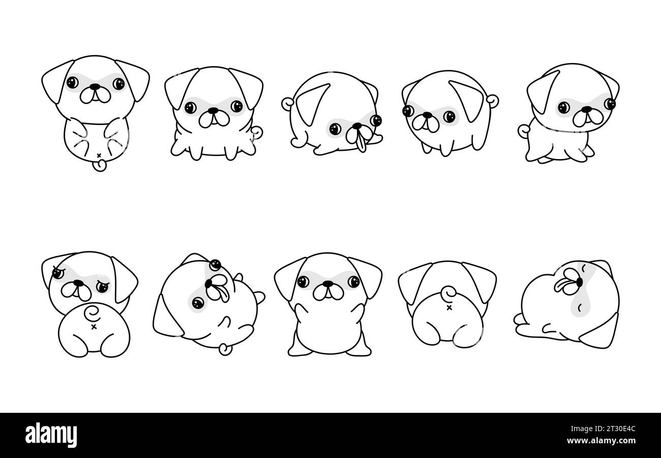 Set of Cartoon Isolated Pug Dog Coloring Page. Cute Vector Kawaii Pug Outline. Collection of Cute Vector Baby Dog Outline for Stickers, Baby Shower Stock Vector